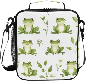 Cartoon Funny Frog White Insulated Boys Lunch Bag with Bottle Holder Girl Crossbody Lunch Bag for Amusement Park