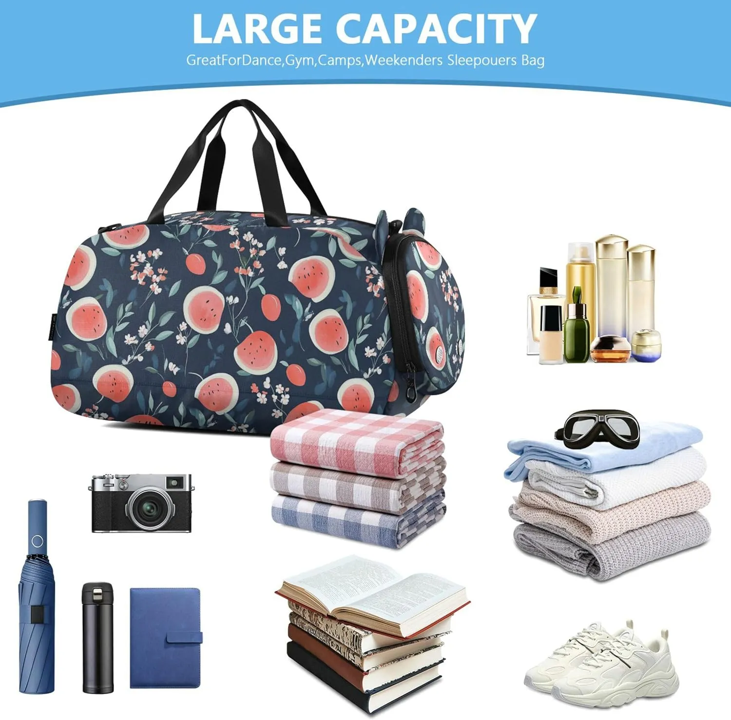 Cartoon Watermelon Small Gym Bag with Shoes Compartment Lightweight Overnight Weekender Carry On Travel Bag for School Practice, Sports, Travel
