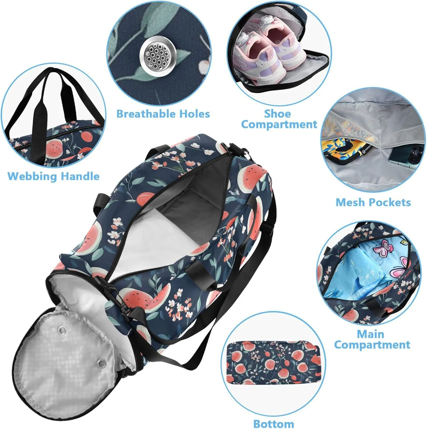Cartoon Watermelon Small Gym Bag with Shoes Compartment Lightweight Overnight Weekender Carry On Travel Bag for School Practice, Sports, Travel