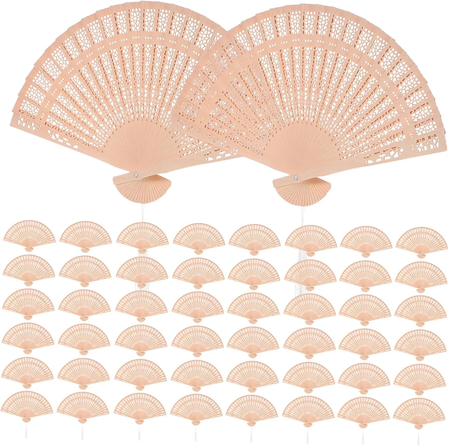 Carvings Wooden Fans Set 50 Hand Fans for Women Wedding Guests Decorative Hand Fans Tassels Storage Bags