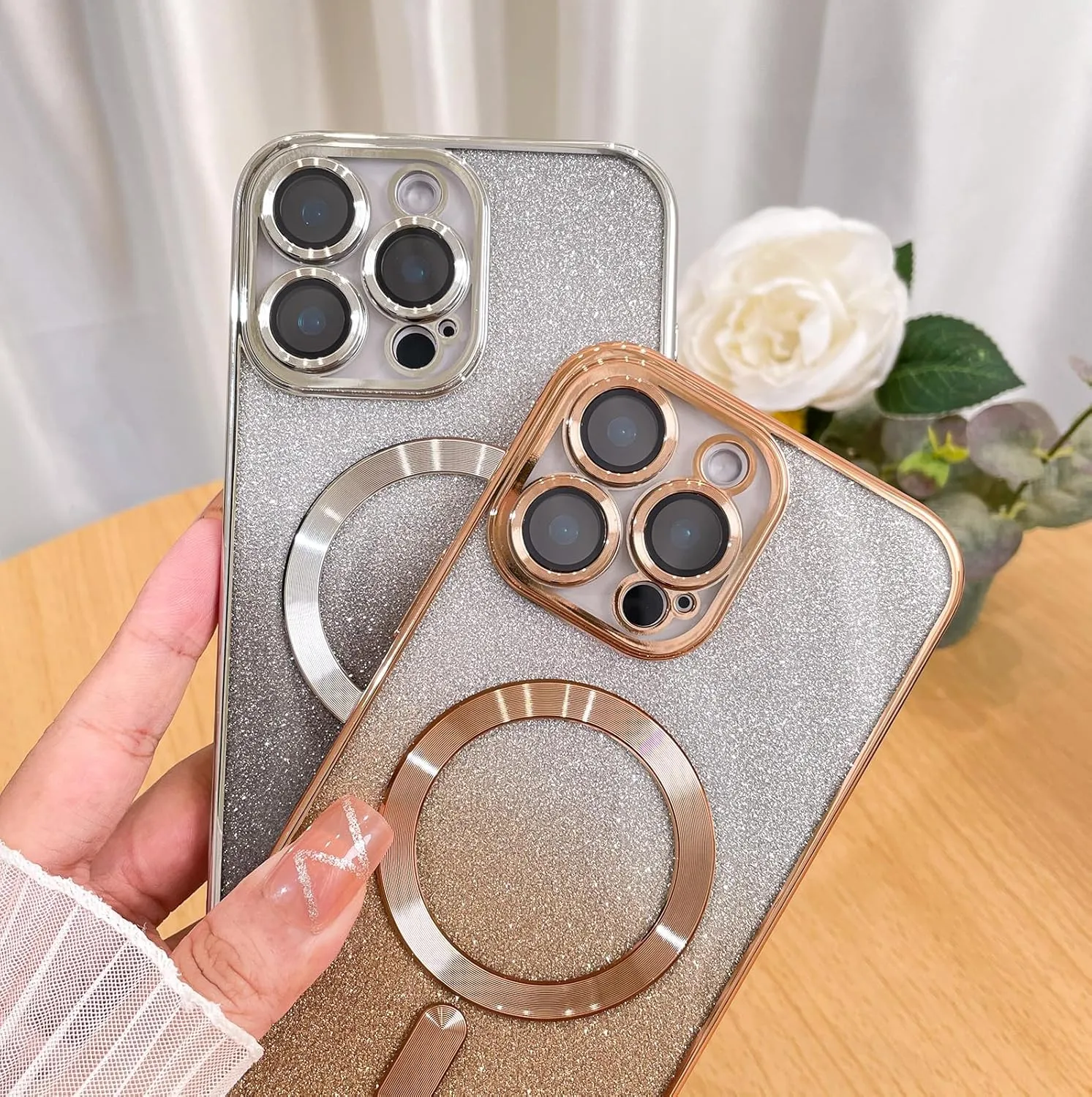 Case Fit for iPhone 16 Pro Max (Compatible with MagSafe) Glitter Bling Case with Camera Lens Protector Soft TPU Shockproof Protection Anti-Scratch Magnetic Phone Cover for Women - Silver