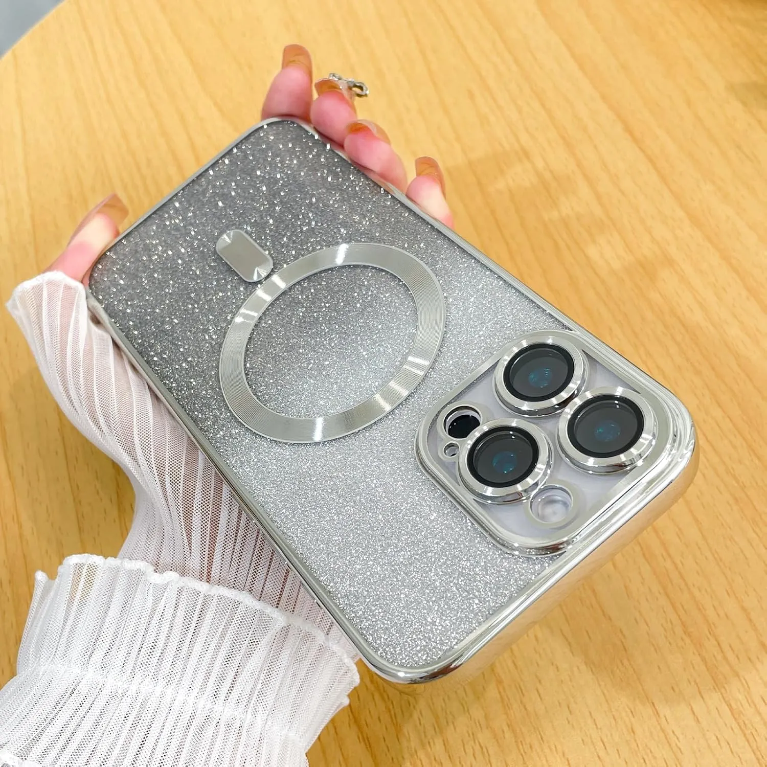 Case Fit for iPhone 16 Pro Max (Compatible with MagSafe) Glitter Bling Case with Camera Lens Protector Soft TPU Shockproof Protection Anti-Scratch Magnetic Phone Cover for Women - Silver