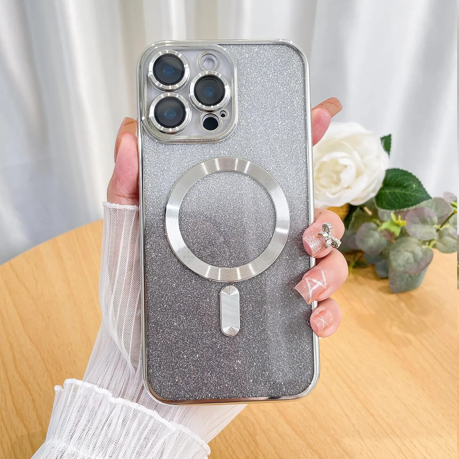 Case Fit for iPhone 16 Pro Max (Compatible with MagSafe) Glitter Bling Case with Camera Lens Protector Soft TPU Shockproof Protection Anti-Scratch Magnetic Phone Cover for Women - Silver