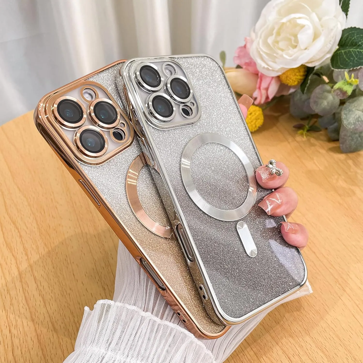 Case Fit for iPhone 16 Pro Max (Compatible with MagSafe) Glitter Bling Case with Camera Lens Protector Soft TPU Shockproof Protection Anti-Scratch Magnetic Phone Cover for Women - Silver