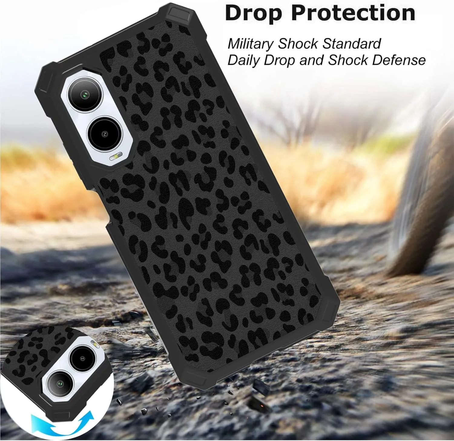 Case for Cricket Icon 6 SL219C/AT&T Verge SL219A Phone Case with Screen Protector (Tempered Glass),Slim TPU Rugged Corners Bumper Cover for Men Women- Black Leopard Print