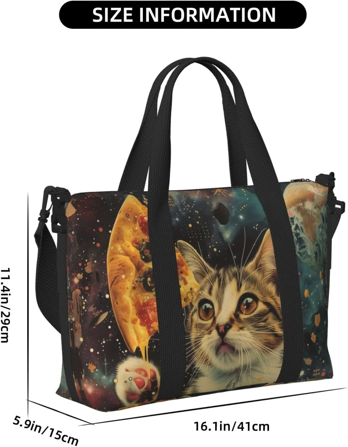 cat holding a pizza print Travel Duffel Bag, Sports Tote Gym Bag, Swim Pool Bag Large Shoulder Tote Bag for Beach Weekender, 202-406-121
