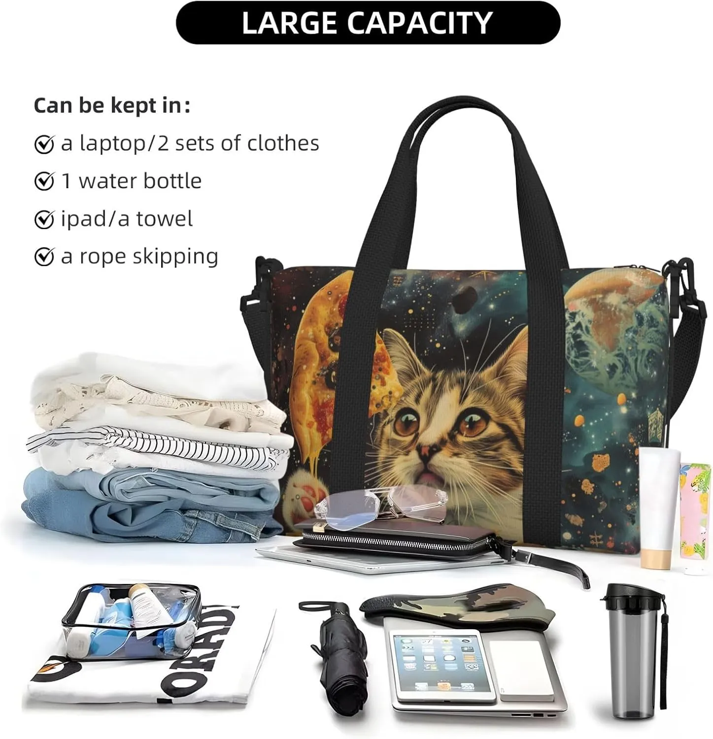cat holding a pizza print Travel Duffel Bag, Sports Tote Gym Bag, Swim Pool Bag Large Shoulder Tote Bag for Beach Weekender, 202-406-121