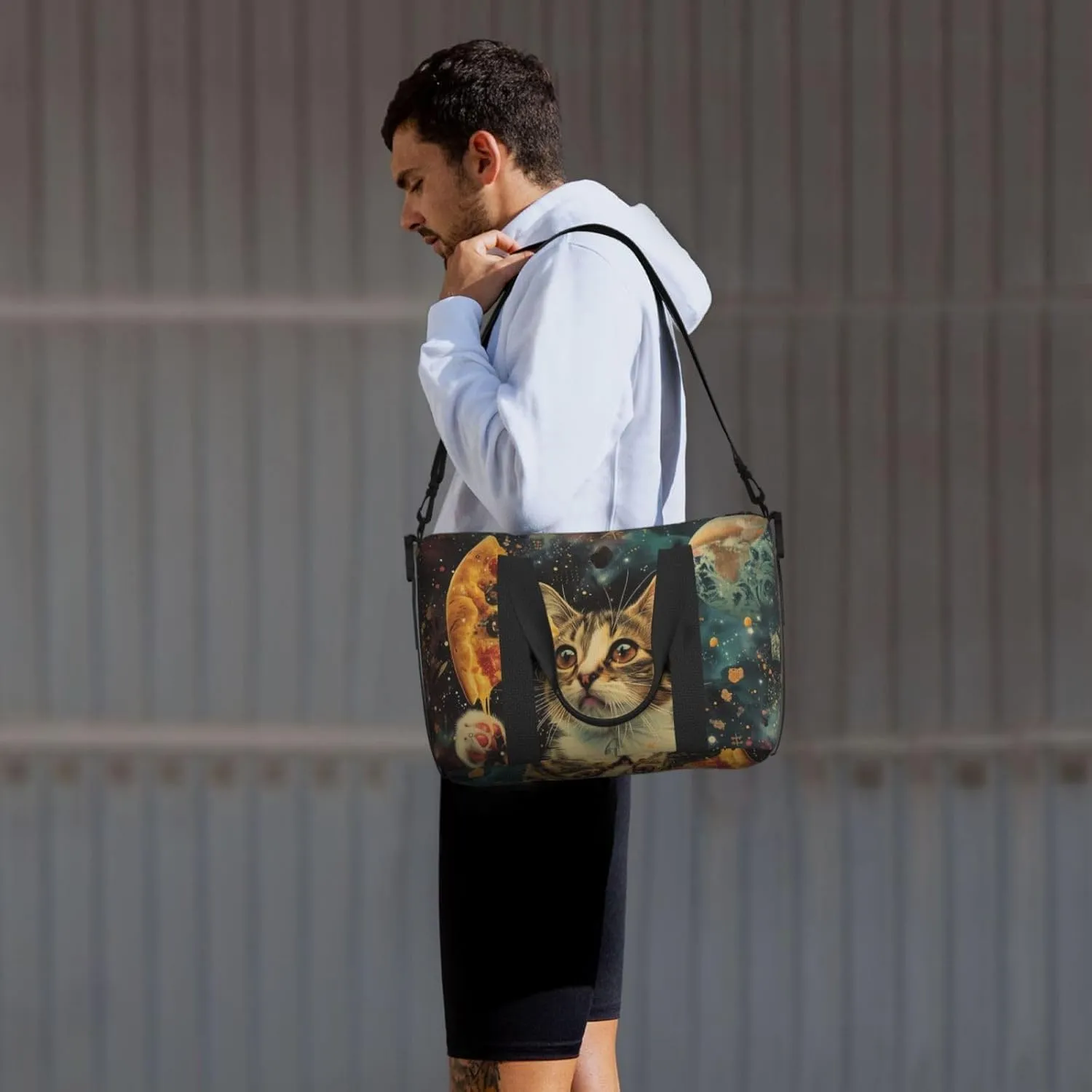 cat holding a pizza print Travel Duffel Bag, Sports Tote Gym Bag, Swim Pool Bag Large Shoulder Tote Bag for Beach Weekender, 202-406-121