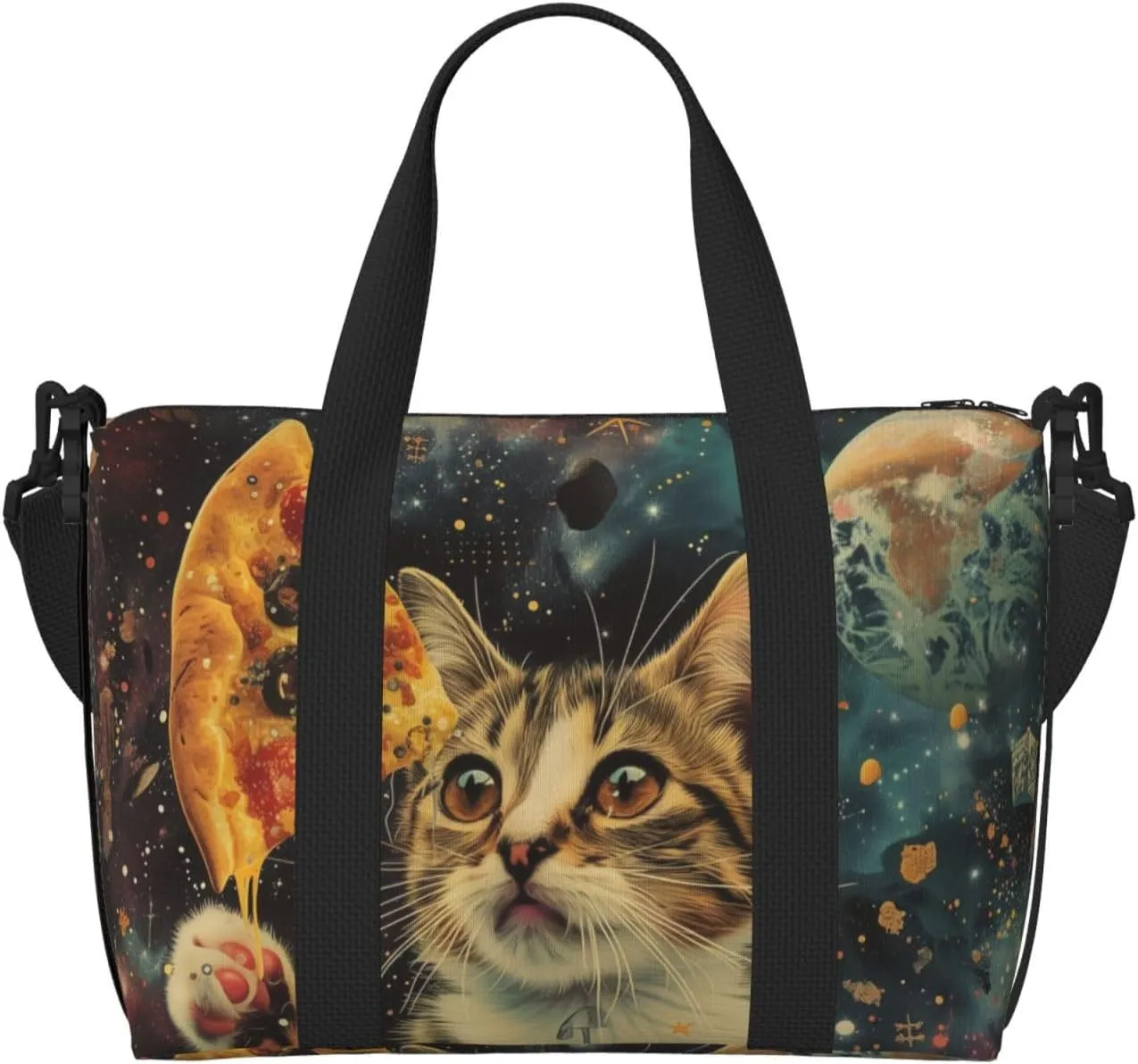 cat holding a pizza print Travel Duffel Bag, Sports Tote Gym Bag, Swim Pool Bag Large Shoulder Tote Bag for Beach Weekender, 202-406-121