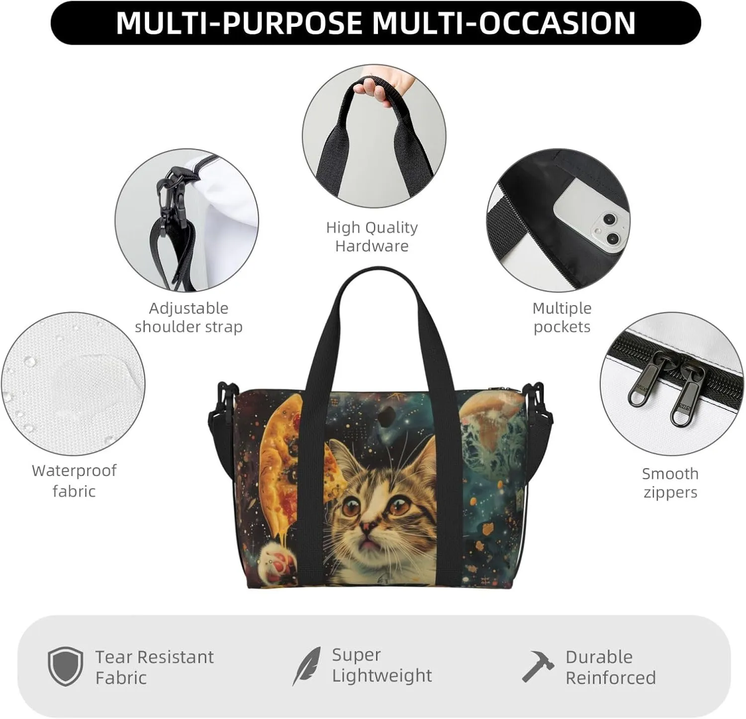 cat holding a pizza print Travel Duffel Bag, Sports Tote Gym Bag, Swim Pool Bag Large Shoulder Tote Bag for Beach Weekender, 202-406-121