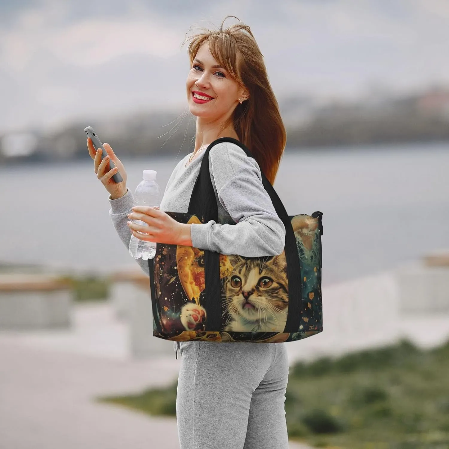 cat holding a pizza print Travel Duffel Bag, Sports Tote Gym Bag, Swim Pool Bag Large Shoulder Tote Bag for Beach Weekender, 202-406-121
