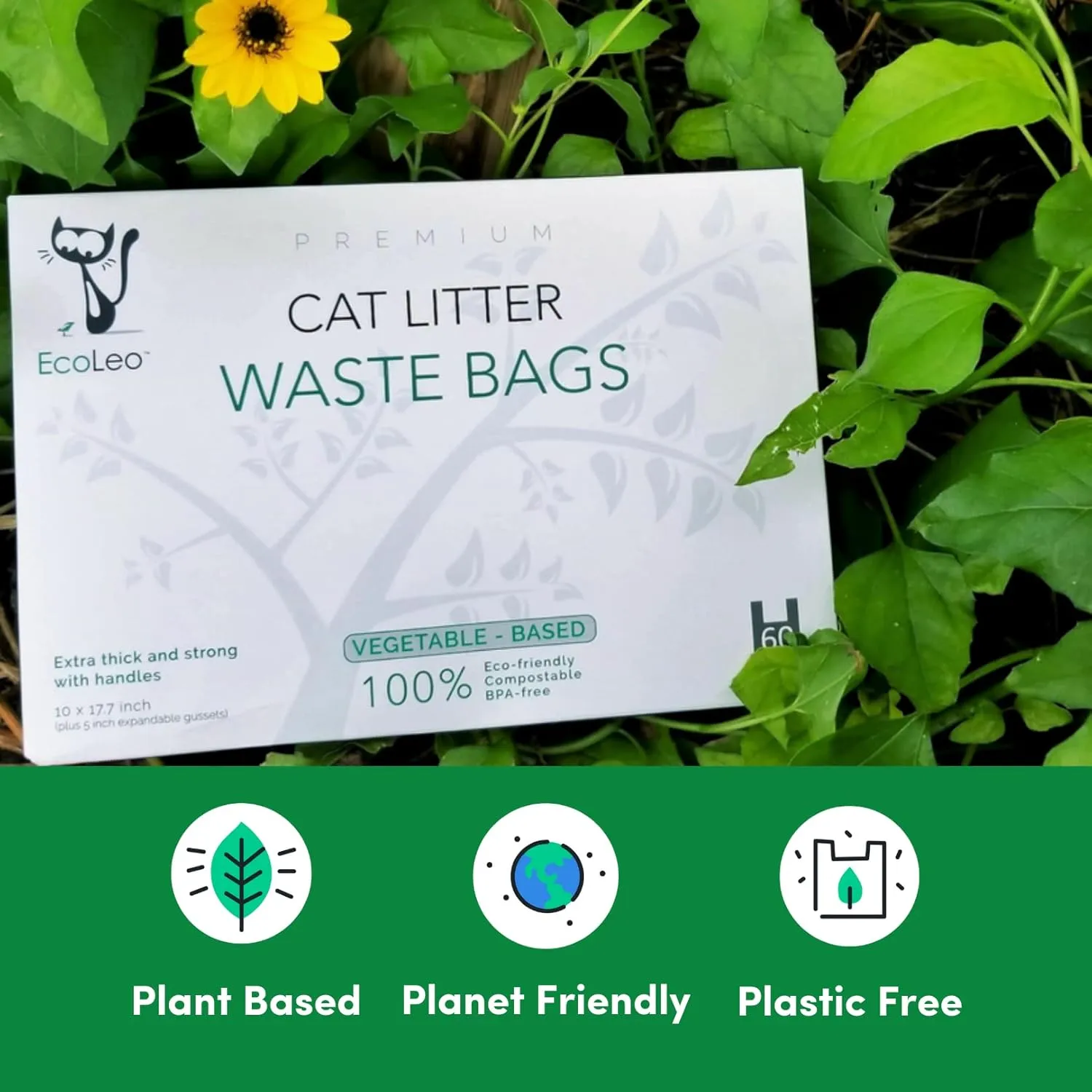 Cat Litter Waste Poop Bags - X-Large, Compostable, Plastic-free, Thick, USA Non-Profit, Pet/Dog Poo Bags with Easy-Tie Handles,10.5 x 18.5 inch, Black, EcoLeo
