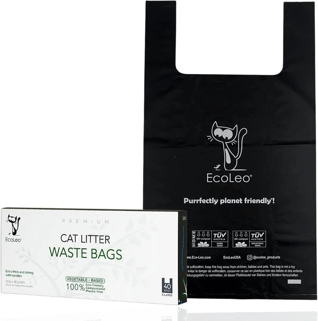Cat Litter Waste Poop Bags - X-Large, Compostable, Plastic-free, Thick, USA Non-Profit, Pet/Dog Poo Bags with Easy-Tie Handles,10.5 x 18.5 inch, Black, EcoLeo