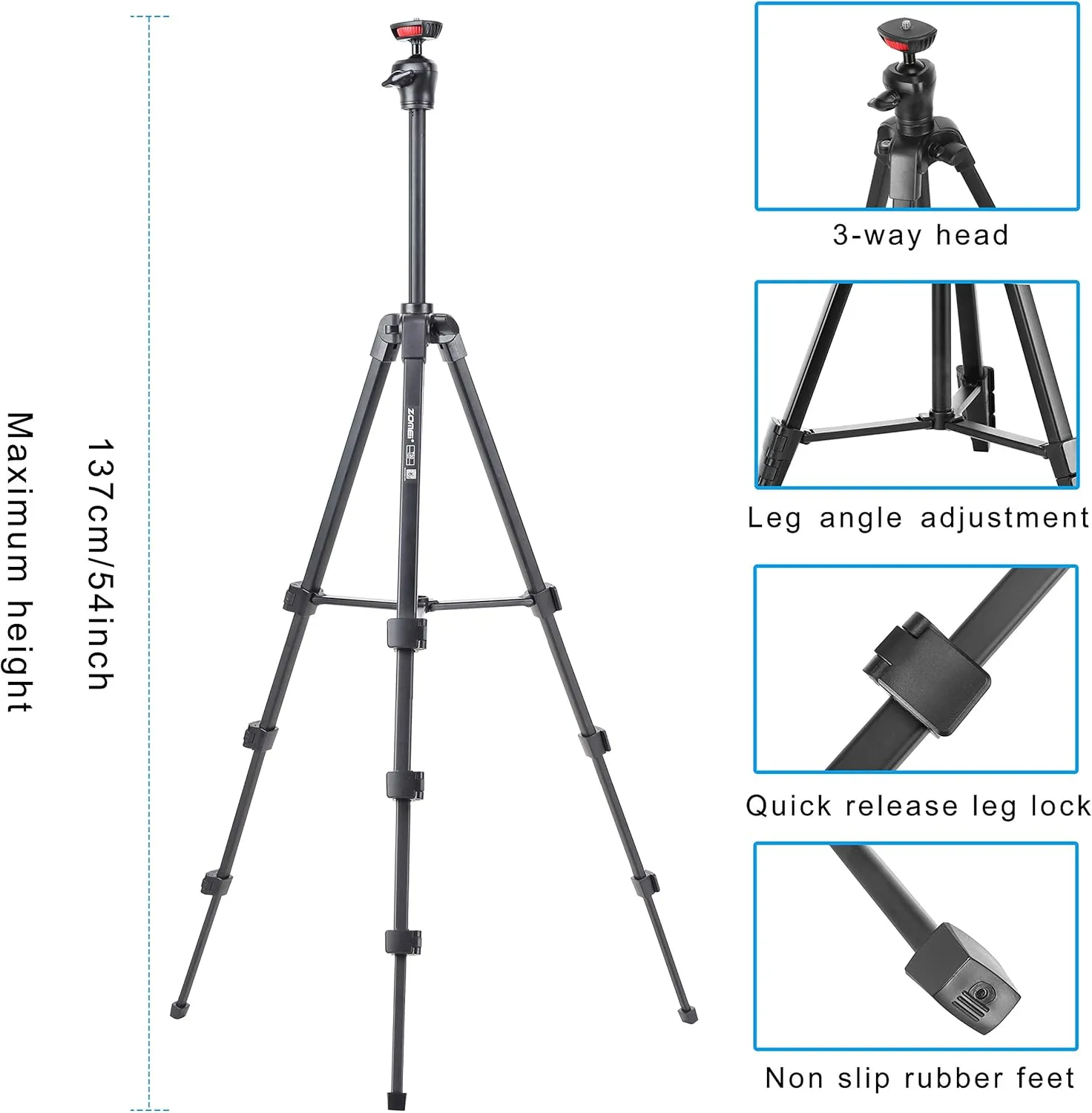 Cell Phone Tripod, 54“ Aluminum Travel Selfie Stick Phone Stand Tripod for iPhone and Android Cellphone & Camera with Shutter,Cellphone Tablet Holder,Upgrade Ball Head and Carrying Bag