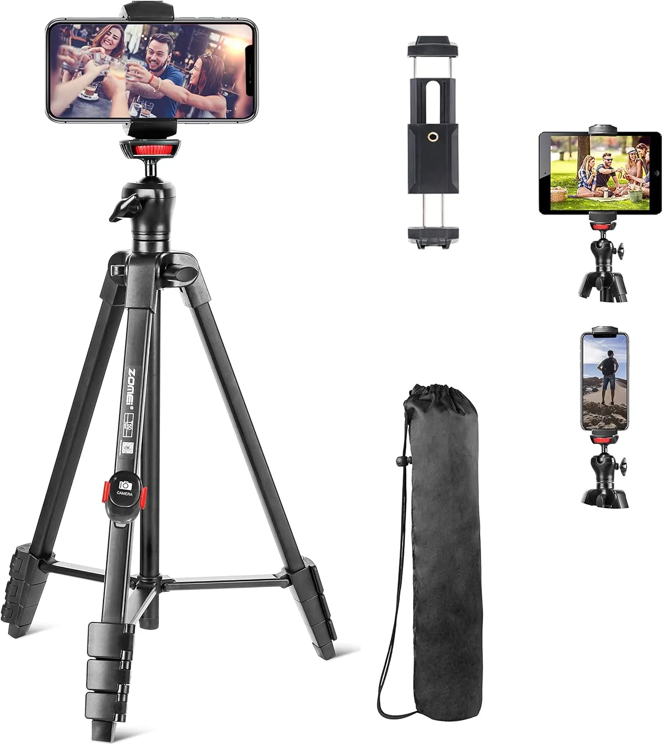Cell Phone Tripod, 54“ Aluminum Travel Selfie Stick Phone Stand Tripod for iPhone and Android Cellphone & Camera with Shutter,Cellphone Tablet Holder,Upgrade Ball Head and Carrying Bag