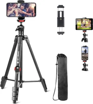 Cell Phone Tripod, 54“ Aluminum Travel Selfie Stick Phone Stand Tripod for iPhone and Android Cellphone & Camera with Shutter,Cellphone Tablet Holder,Upgrade Ball Head and Carrying Bag