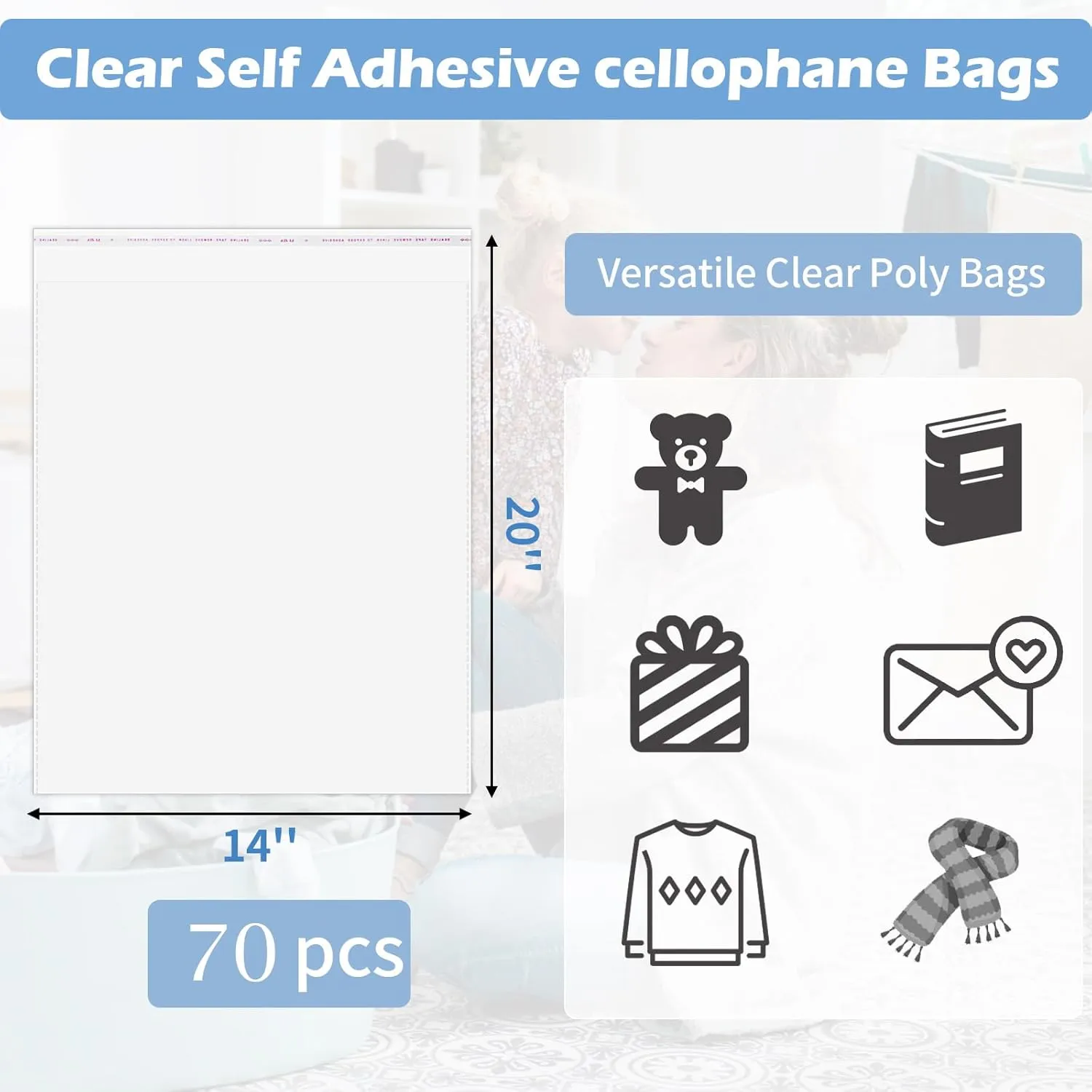 Cellophane Bags, 70 Pcs Resealable Clear Poly Bags for Clothes, Shirt Bag, Decorative Wrappers, Party Favors & Artwork(14x20)