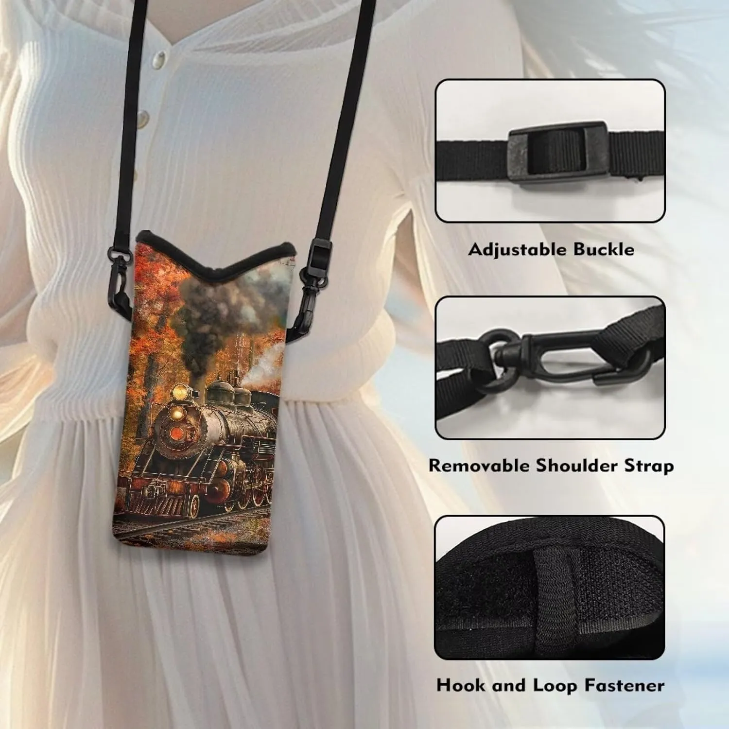 Cellphone Bag Shockproof Neoprene Small Crossbody Phone Pouch Portable Stylish Phone Sleeve Case with Adjustable Strap and Hook Loop Fastener, 4 X 8 Inch, Steam Train Maple Tree