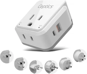 Ceptics World Power Plug Adapter Set, Dual USB & USB-C 3.1A, 20W with QC-PD, 2 USA Outlet Compact & Powerful, Use In Europe, Asia, Australia, Japan, Includes Type A, B, C, E/F, G, I SWadAPt Attachment
