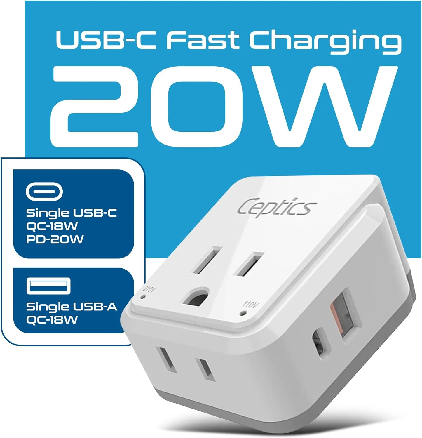 Ceptics World Power Plug Adapter Set, Dual USB & USB-C 3.1A, 20W with QC-PD, 2 USA Outlet Compact & Powerful, Use In Europe, Asia, Australia, Japan, Includes Type A, B, C, E/F, G, I SWadAPt Attachment