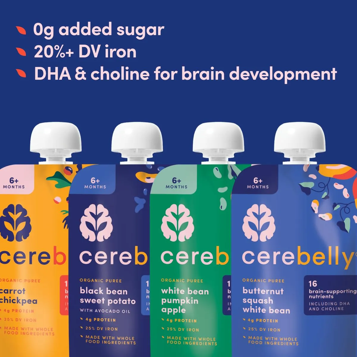 Cerebelly Organic Baby Food Pouches – Organic Veggie and Bean Purees for Toddlers Variety Pack| No Added Sugar, Fiber, Non-GMO | Blended Puree Pouches | 4 Ounce BPA-Free Baby Food | 4 Flavors | 8 Pack