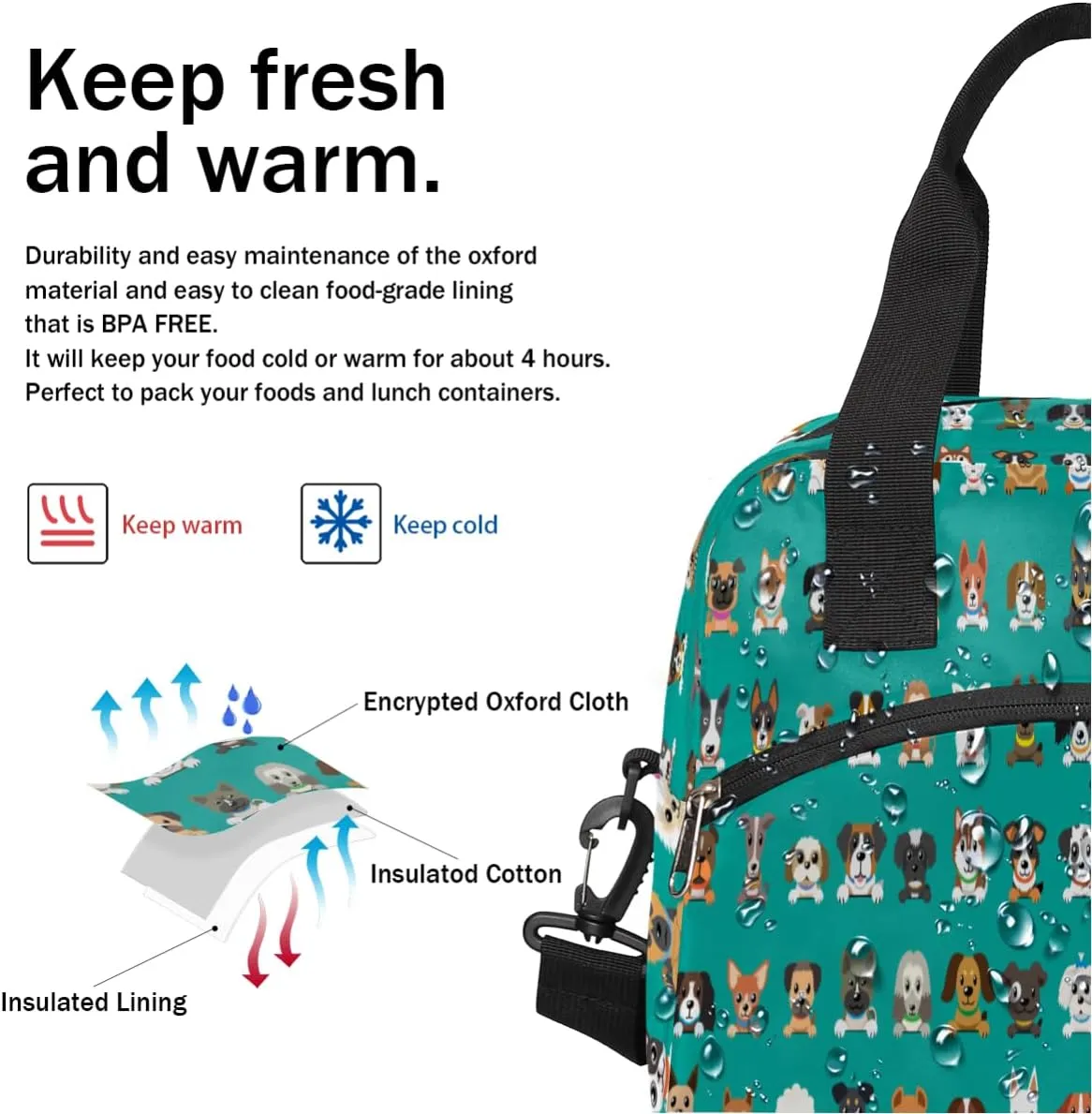 cfpolar Insulated Lunch Bag for Women Cute Colorful Dogs Lunch Box Reusable Leakproof Meal Prep Lunch Bag Cooler Tote Bag with Removable Adjustable Shoulder Strap for Travel Picnic Work