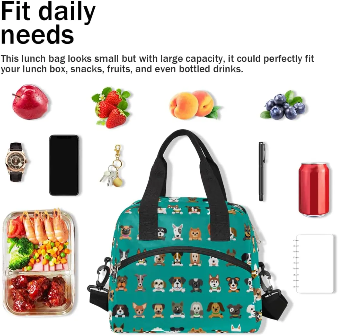 cfpolar Insulated Lunch Bag for Women Cute Colorful Dogs Lunch Box Reusable Leakproof Meal Prep Lunch Bag Cooler Tote Bag with Removable Adjustable Shoulder Strap for Travel Picnic Work
