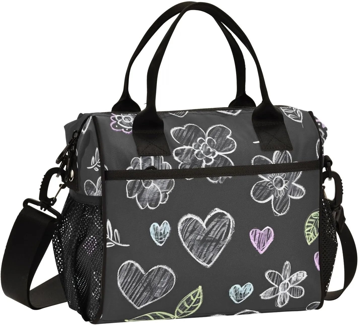 Chalk Painting Flowers Black Lunch Bag Women Cooler Bags Lunch Tote Bags for Men Reusable Insulated Lunch Box Crossbody with Shoulder Strap Leakproof Work Picnic S