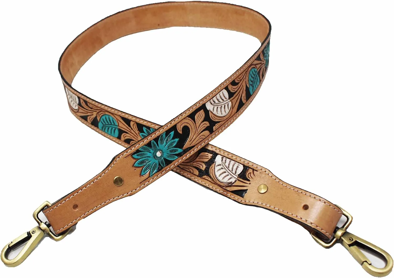 CHALLENGER 1 1/2" Wide Western Handcrafted Turquoise Painted Flower Floral Tooled Full-Grain Handbag Purse Messenger Laptop Luggage Crossbody Bag Guitar Replacement Adjustable Shoulder Strap 115RS09