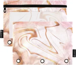 Champagne Marble Pencil Pouch for 3 Ring Binder 2 Pack Clear Window Pencil Bags with Zipper Pencil Case for School Class Office College Supplies