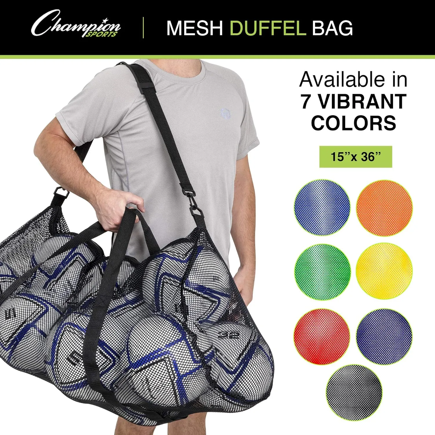 Champion Sports Mesh Duffle Bag with Zipper and Adjustable Shoulder Strap, 15” x 36” - Multipurpose, Oversized Gym Bag for Equipment, Sports Gear, Laundry - Breathable Mesh Scuba and Travel Bag