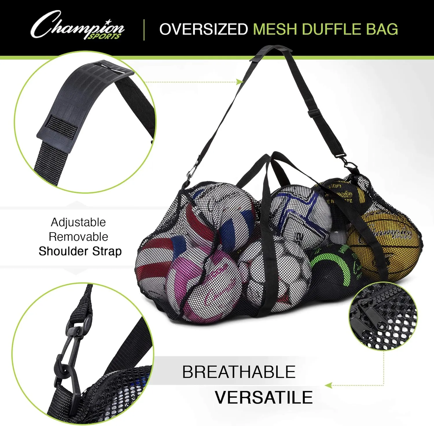 Champion Sports Mesh Duffle Bag with Zipper and Adjustable Shoulder Strap, 15” x 36” - Multipurpose, Oversized Gym Bag for Equipment, Sports Gear, Laundry - Breathable Mesh Scuba and Travel Bag