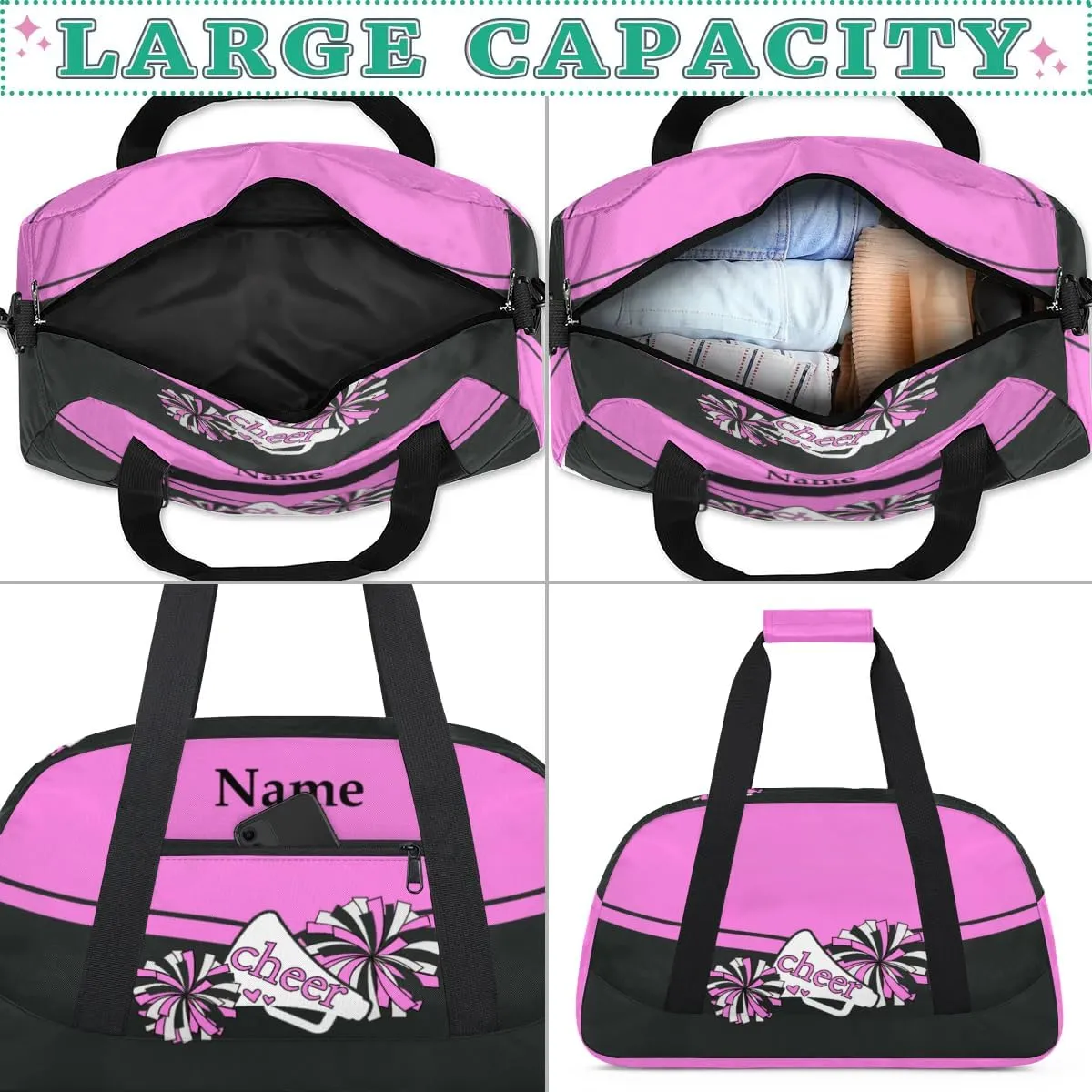 Cheer Pink Black Personalized Duffle Bag for Kids Custom Dance Ballet Bag with Name Lightweight Travel Weekender Overnight Bags Sport Gym Duffel Bag Workout Carry On Tote for Girls Boys