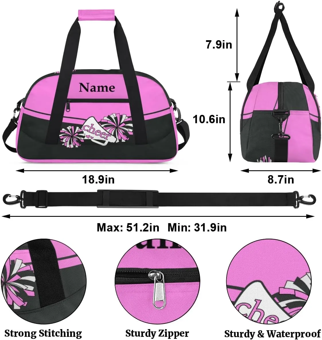 Cheer Pink Black Personalized Duffle Bag for Kids Custom Dance Ballet Bag with Name Lightweight Travel Weekender Overnight Bags Sport Gym Duffel Bag Workout Carry On Tote for Girls Boys