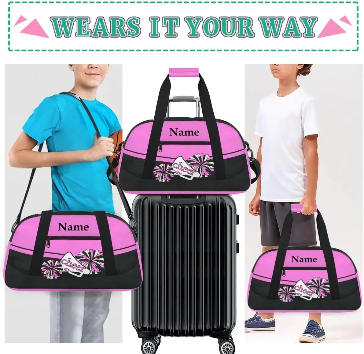 Cheer Pink Black Personalized Duffle Bag for Kids Custom Dance Ballet Bag with Name Lightweight Travel Weekender Overnight Bags Sport Gym Duffel Bag Workout Carry On Tote for Girls Boys
