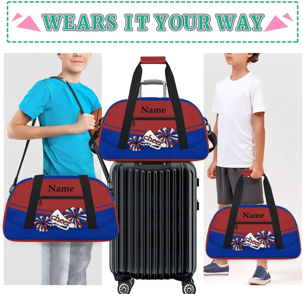 Cheer Red Blue Personalized Duffle Bag for Kids Custom Dance Ballet Bag with Name Lightweight Travel Weekender Overnight Bags Sport Gym Duffel Bag Workout Carry On Tote for Girls Boys