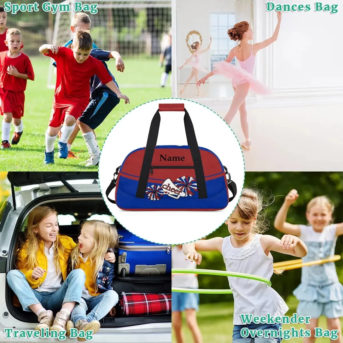 Cheer Red Blue Personalized Duffle Bag for Kids Custom Dance Ballet Bag with Name Lightweight Travel Weekender Overnight Bags Sport Gym Duffel Bag Workout Carry On Tote for Girls Boys