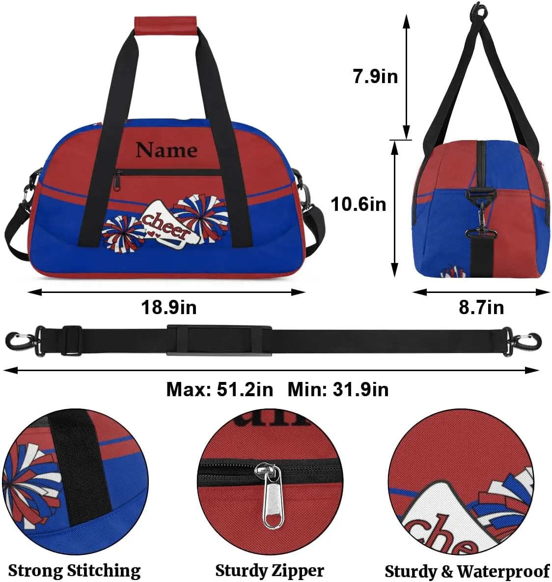Cheer Red Blue Personalized Duffle Bag for Kids Custom Dance Ballet Bag with Name Lightweight Travel Weekender Overnight Bags Sport Gym Duffel Bag Workout Carry On Tote for Girls Boys