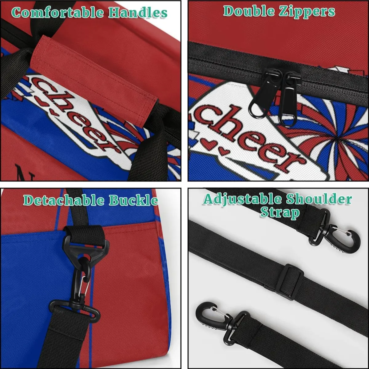 Cheer Red Blue Personalized Duffle Bag for Kids Custom Dance Ballet Bag with Name Lightweight Travel Weekender Overnight Bags Sport Gym Duffel Bag Workout Carry On Tote for Girls Boys
