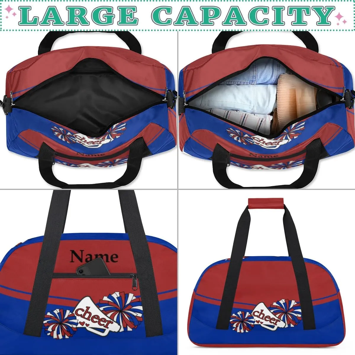 Cheer Red Blue Personalized Duffle Bag for Kids Custom Dance Ballet Bag with Name Lightweight Travel Weekender Overnight Bags Sport Gym Duffel Bag Workout Carry On Tote for Girls Boys