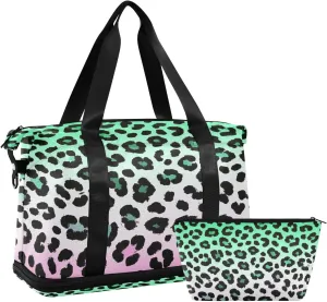 Cheetah Fur Skin Gradient Green Purple Travel Bag Sport Training Bag with Adjustable Strap for Airplane Traveling Foldable