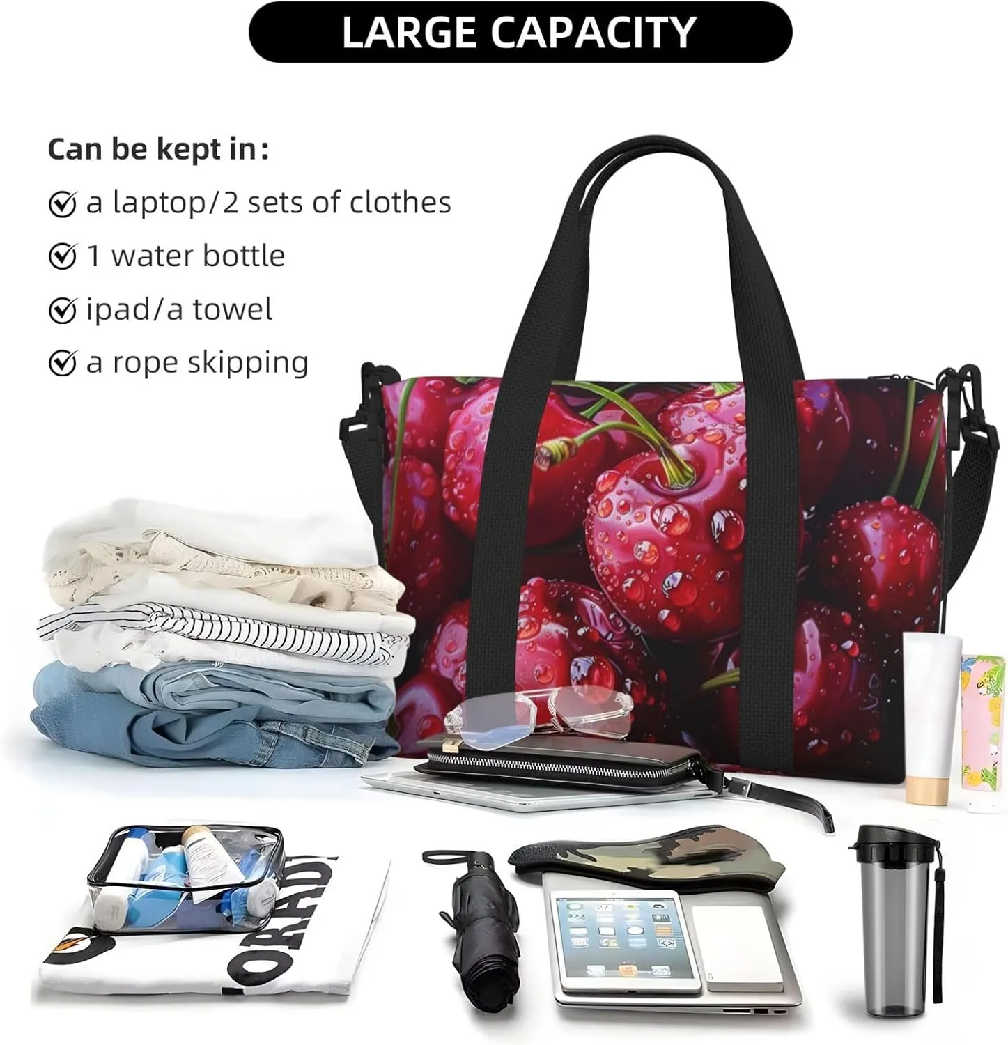 cherries art print Travel Duffel Bag, Sports Tote Gym Bag, Swim Pool Bag Large Shoulder Tote Bag for Beach Weekender