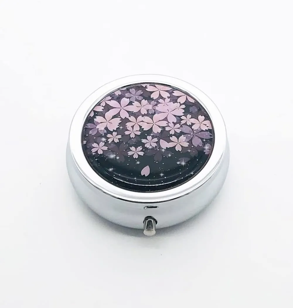 Cherry Flowers Pill Box Purse Pocket Small Round Silver Pill Case Decorative Box Metal Medicine Vitamin Pill Organizer Portable Unique Gift