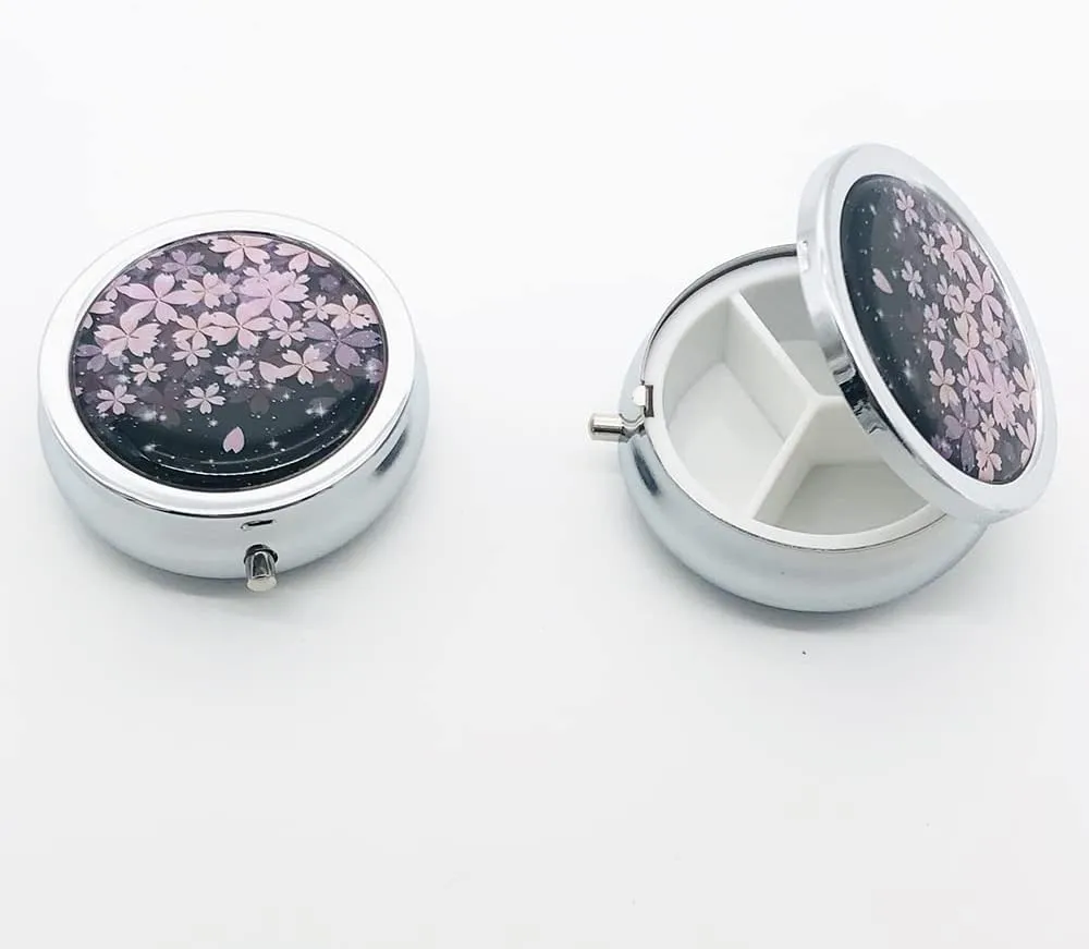 Cherry Flowers Pill Box Purse Pocket Small Round Silver Pill Case Decorative Box Metal Medicine Vitamin Pill Organizer Portable Unique Gift