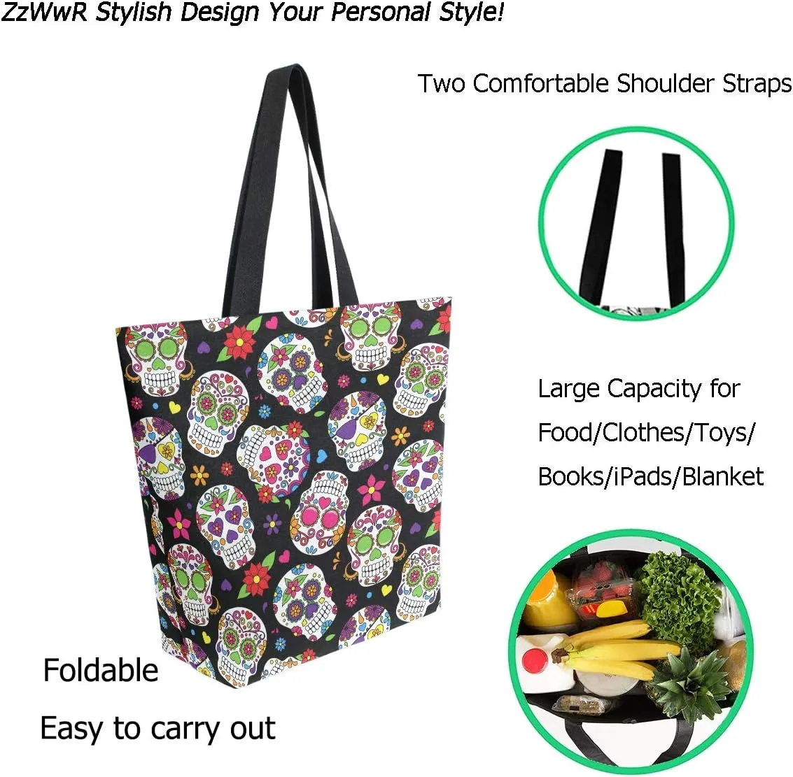 Chic Lifelike Pattern Extra Large Shoulder Tote Bag for Beach Travel Weekender Gym Grocery Shopping