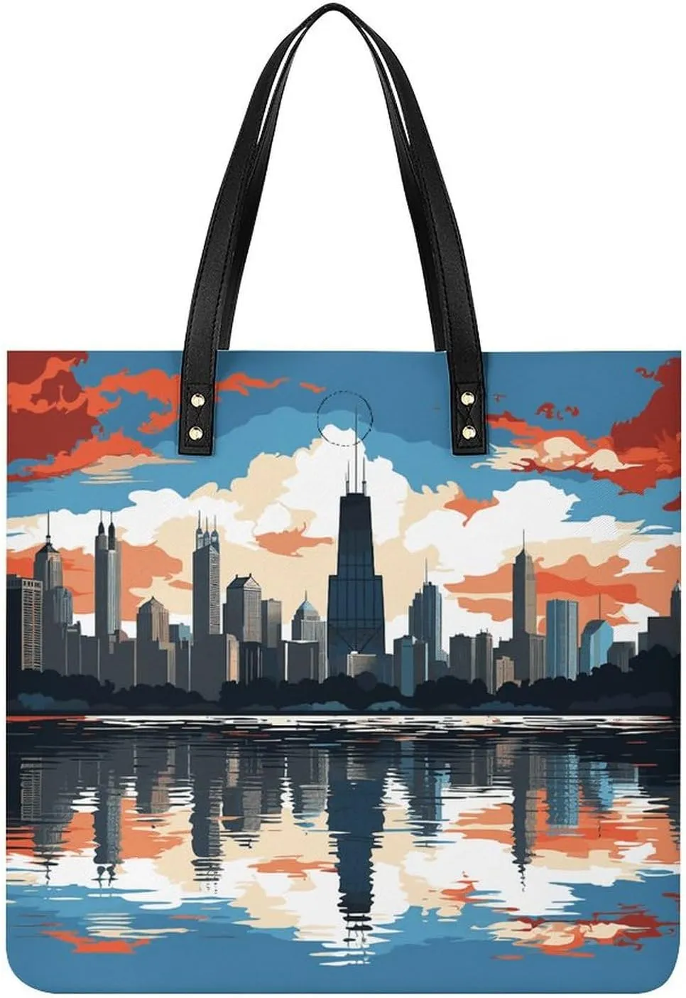 Chicago Skyline Handbag Leather Tote Shoulder Bag Satchel Handbag with Top Handles Large Casual Handbags with Shoulder Work Bag for Women Travel Purse Dating Gift