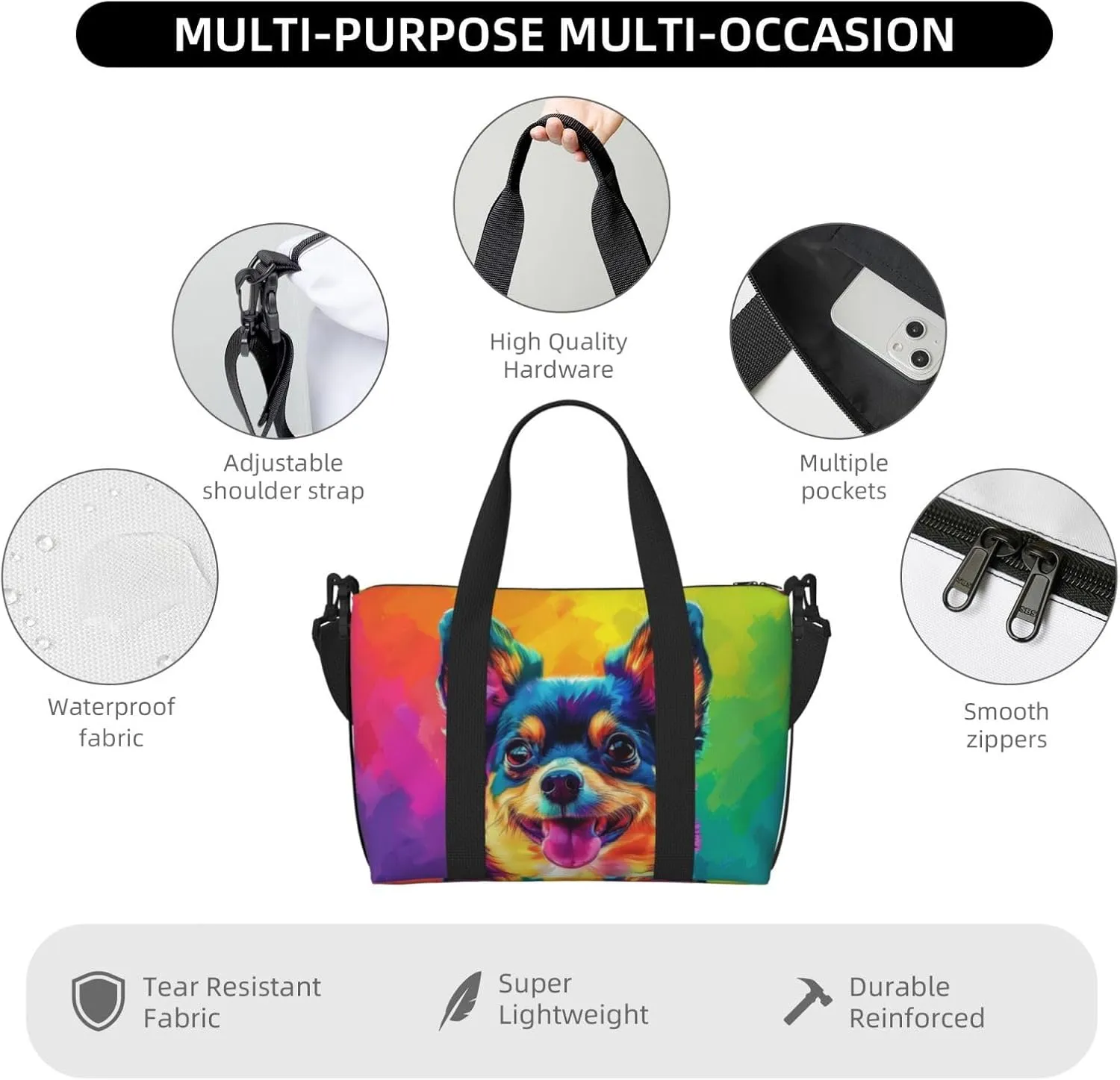 chihuahua dog colorful print Travel Duffel Bag, Sports Tote Gym Bag, Swim Pool Bag Large Shoulder Tote Bag for Beach Weekender