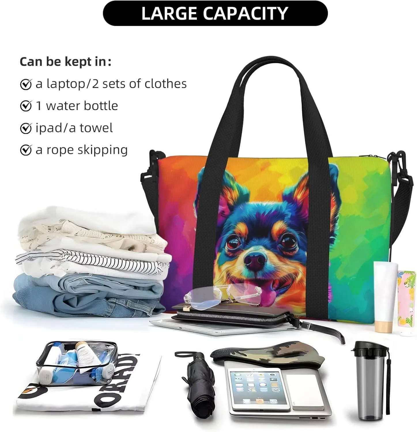chihuahua dog colorful print Travel Duffel Bag, Sports Tote Gym Bag, Swim Pool Bag Large Shoulder Tote Bag for Beach Weekender