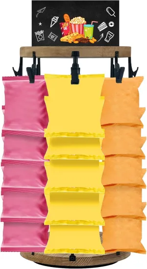 Chip Rack Display Stand,360° Rotating Chip Bag Holder,40 Clips Wooden Base Snack Retail Display Rack,Snack Organizer With Message Board for Party,Events,Retail Store