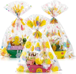 Cholemy 30 Pcs Easter Large Cellophane Gift Basket Bags Bulk 19.7" x 27.6" Easter Bunny Eggs Chick Gift Wrap Jumbo Holiday Plastic Goody Bags with 100 Twist Ties for Present Crafts Party Favors